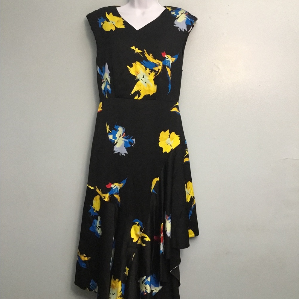 Equipment Black Asymmetrical Dress with Blue and Yellow Floral - Picture 13 of 14